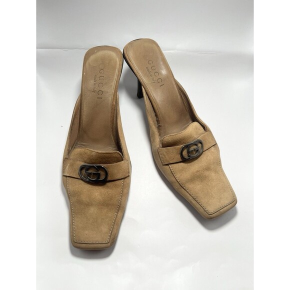GUCCI Mules Tan Suede Kitten Heels GG Logo Slip On Vintage TOM FORD Era Sz 37 7 - Picture 4 of 16